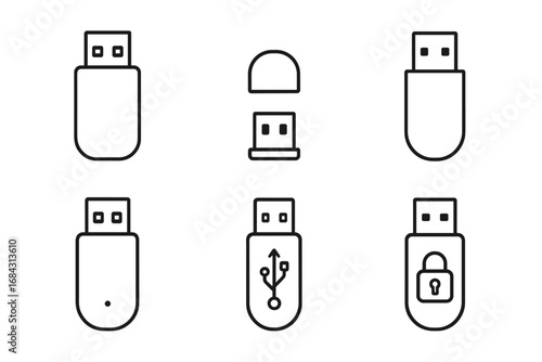 USB stick icon set in a minimal outline style. Vector graphic collection of flash drives and memory sticks for data storage, including connector, cap, LED, and security lock symbols.