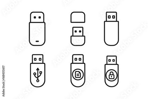 USB flash drive outline icon set. Vector linear pictogram collection of memory sticks. Includes pen drive with cap, connector, data file, and security lock symbol for data transfer.