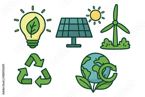 Vector collection of ecology and green energy icons. Sustainable technology concepts like solar power, wind turbine, and recycling for environmental awareness and conservation.
