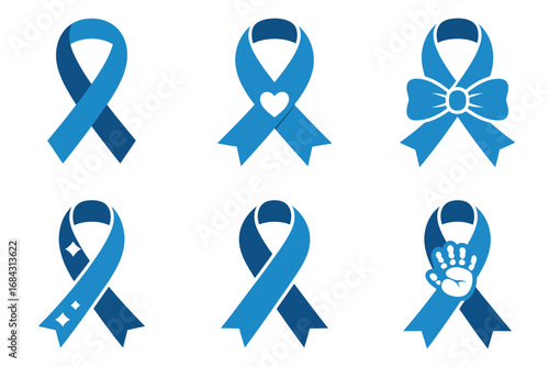 Blue awareness ribbon vector set, light blue ribbon icons, support symbols, charity ribbon designs, solidarity bow emblems