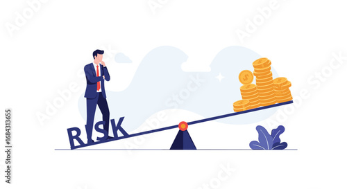 Businessman considers risk versus reward on scales, symbolizing financial decisions and investment strategy