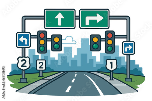 Vector cartoon of a city highway intersection with traffic signals and road signs. Urban driving concept with direction indicators, numbered routes, and cityscape background.