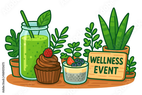 Wellness event vector illustration. Healthy food with green smoothie, detox juice, cupcake, chia pudding dessert with berries. Healthy lifestyle, nutrition, organic food concept.
