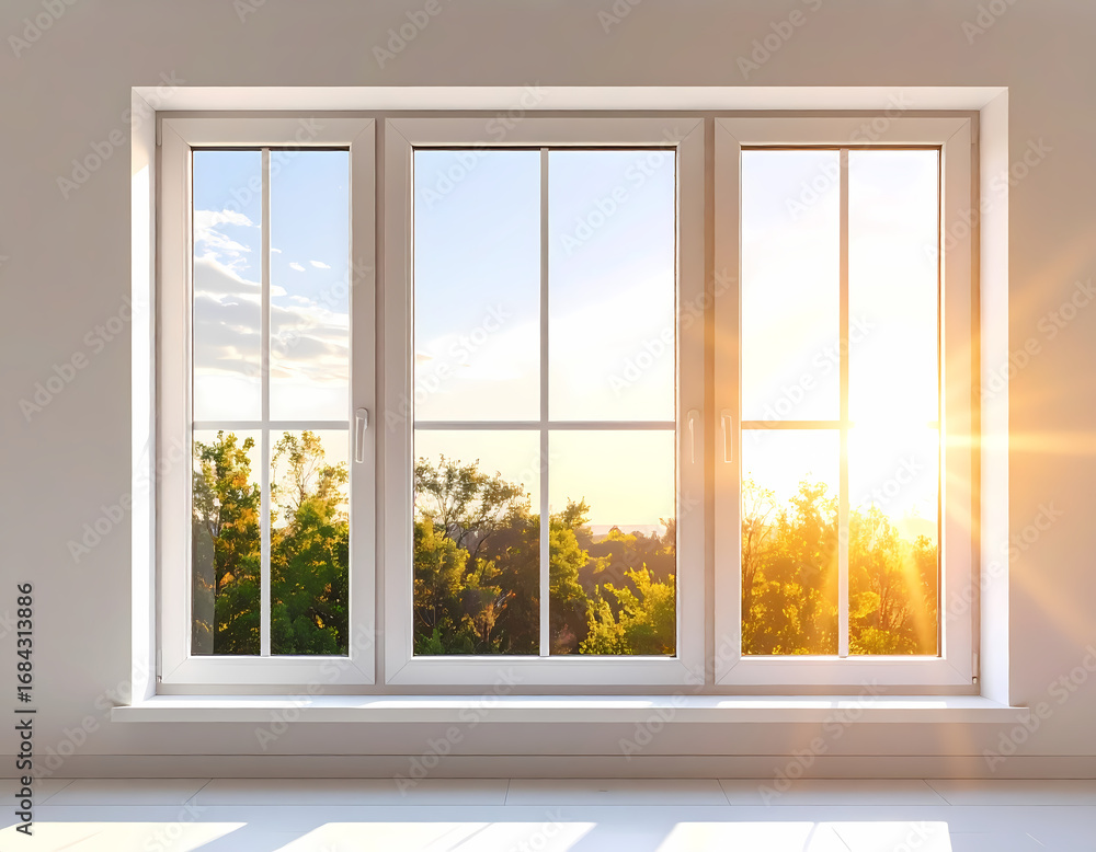 Fototapeta premium White window frame with view of trees and sky at sunset or sunrise light