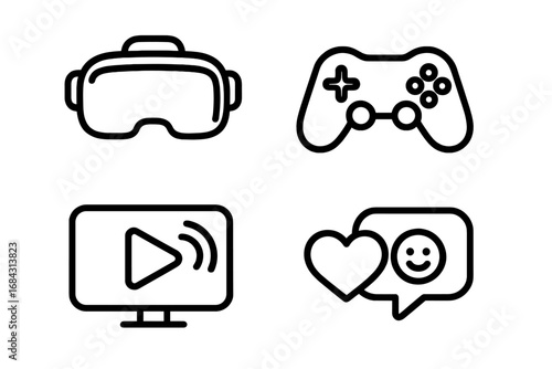 Digital bliss experiences outline icon set. VR headset for virtual reality, gaming controller, streaming media play button, and social media like notification vector.