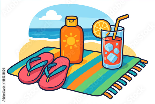 Summer beach vacation essentials concept. Vector cartoon illustration of sunscreen, sandals, cocktail and towel on the sand. Holiday travel and relaxation by the sea concept.
