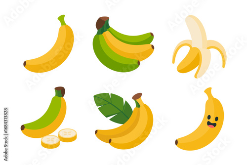 Tropical banana fruit vector designs, peeled banana icons, ripe fruit illustrations, healthy food clipart collection, exotic snack graphics set