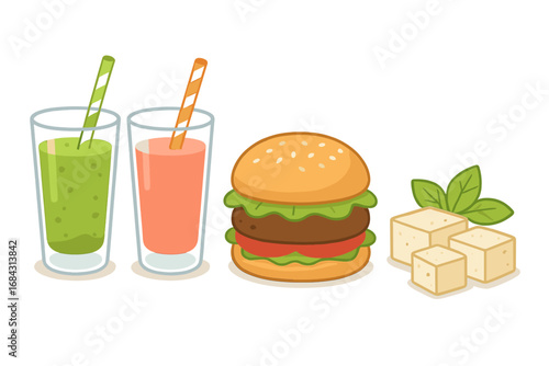 Healthy food collection with plant-based burger, tofu, and smoothies. Cartoon vector icon set for vegan diet, organic meal, nutrition, and healthy lifestyle concepts. Isolated.