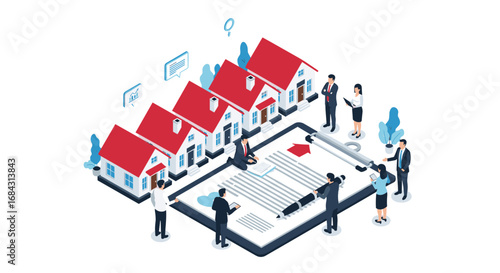 Real estate professionals collaborate on property sales contracts and market analysis in modern office setting