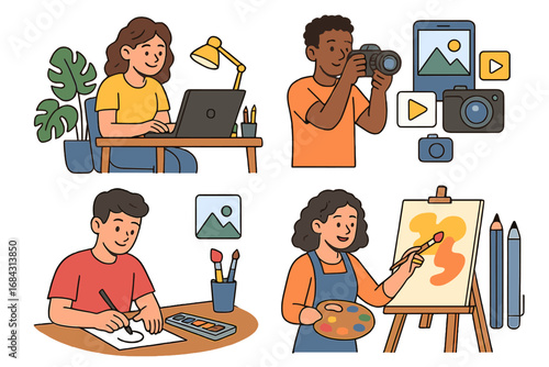 Creative hobby and professions character set. Artist painting on easel, photographer with camera, graphic designer on laptop, kid drawing. Vector cartoon illustration collection.
