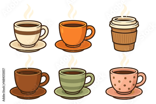 Coffee cup and mug collection. Set of various hot drinks in different designs. Cartoon vector icons for cafe menu, espresso, latte, cappuccino. Isolated beverage illustration.