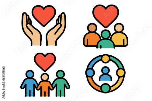 Community and care icon set. Love, support, and teamwork symbols. Social network, charity, and unity concepts. Group of people, family, and friendship vector illustration.