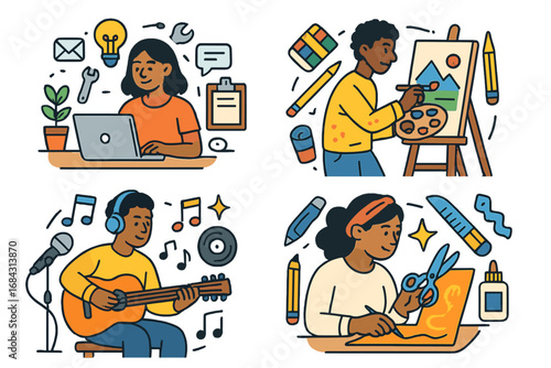 Set of creative hobby concepts. People painting, playing guitar, crafting, and working on laptop. Artist, musician, freelancer characters. Vector cartoon illustration pack.
