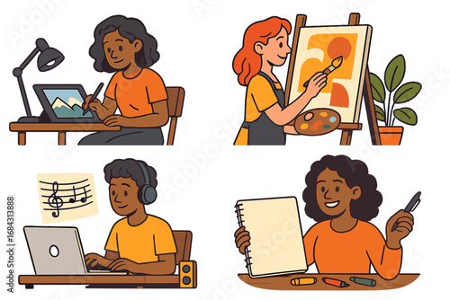 Creative people and artists vector set. Woman painting on canvas, digital illustrator with graphic tablet, man composing music on laptop, writer sketching. Creative hobby concept.