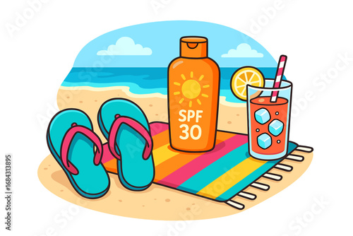 Summer beach vacation essentials. Vector illustration of flip flops, sunscreen, towel, and a cold cocktail on the sand. Tropical holiday and travel concept with sun protection.