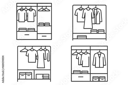 Wardrobe organization line icon set. Closet storage system with clothes on hangers and shelves. Minimalist vector illustration for interior design and home furniture concepts.