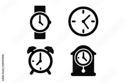 Clock and watch silhouette icon set. Timekeeping symbols for schedule, timer, deadline, and appointment. Vector illustration of alarm clock, wall clock, and grandfather clock.