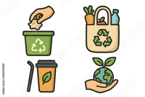 Eco friendly lifestyle icon set for sustainability. Vector concepts of zero waste, recycling, reusable bag and cup. Green living and environment protection. Save the planet.
