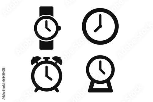 Watch and clock silhouette icon set. Time, hour, minute symbols. Vector graphic collection of wristwatch, alarm clock, wall clock icons. Simple flat pictogram for web design.