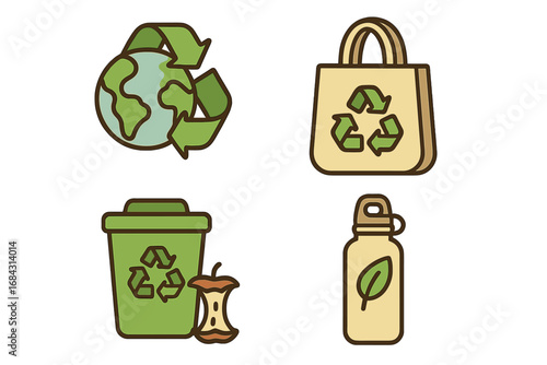 Set of eco friendly icons. Sustainable living and zero waste concept. Vector cartoon illustration of recycling, reusable bag, bottle and compost bin for green lifestyle.