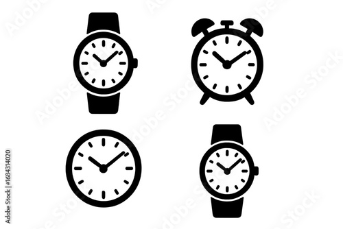 Watch and clock silhouette icon set. Simple black graphic pictograms of alarm clock, wristwatch, and timepiece. Time, hour, minute, and second hand vector symbols for web.