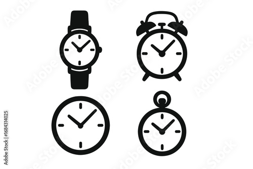 Watch clock silhouette icon set. Time hour minute icons collection. Vector pictogram symbol pack. Wristwatch, alarm clock, pocket watch. Timer, deadline, schedule concept.