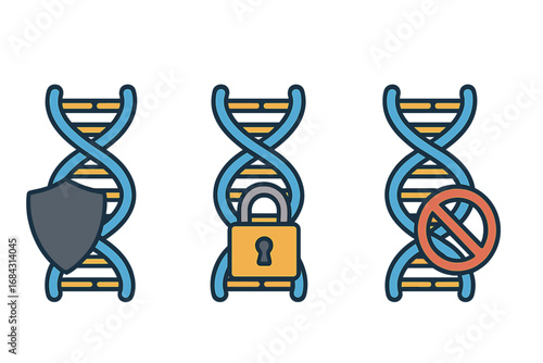 DNA security vector icon set illustrating genetic data privacy concepts. Gene helix with shield for protection, padlock for secure access, and prohibition sign for unauthorized use.