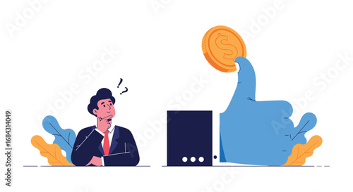 Confused businessman considers investment opportunity presented by giant thumbs-up hand holding coin