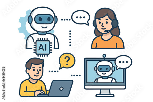 AI chatbot customer service concept. Artificial intelligence robot helping user. Man at laptop asking question to bot. Online support operator. Virtual assistant technology vector.