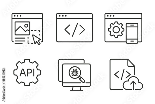 Web development icon set. Thin line icons for programming, coding, API, mobile app development, debugging, UI UX design. Software engineering and computer science symbols.