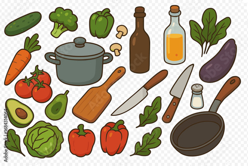 Vector set of fresh vegetables and kitchen utensils for healthy cooking. Cartoon icons for meal prep, recipes, and diet. Includes pot, pan, knife, and organic food items.