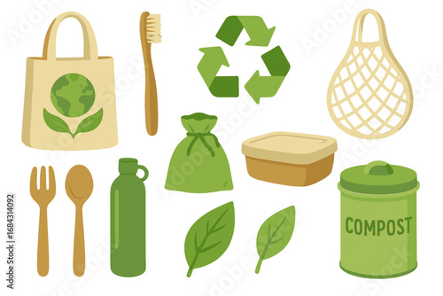 Zero waste lifestyle collection. Eco friendly and sustainable living set with reusable items. Go green concept with compost bin, tote bag, bamboo toothbrush. Vector illustration.