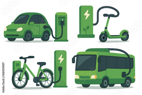 Green eco transport set. Electric car, bus, scooter, bicycle at charging station. E-mobility, sustainable energy, future EV technology concept. Vector cartoon flat design icons.