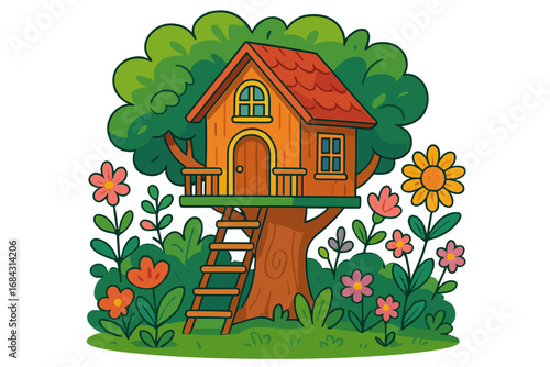 Vector cartoon treehouse for kids. Colorful children's playhouse in a tree with a ladder in a whimsical summer garden with vibrant flowers. Fantasy backyard concept.