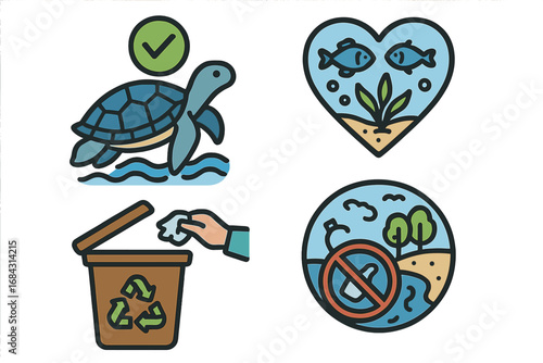 Environmental protection icons for marine life. Vector set includes sea turtle conservation, no plastic pollution, waste recycling bin, and healthy ocean ecosystem symbols.