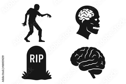 Zombie silhouette icon set for Halloween. Horror concepts with undead monster, grave, and brain. Spooky vector graphics for apocalypse, death, and scary party themes. Flat design.