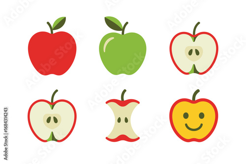 Organic orchard apple vector set, simple flat fruit icons, whole halves seeds core, farm fresh produce design elements
