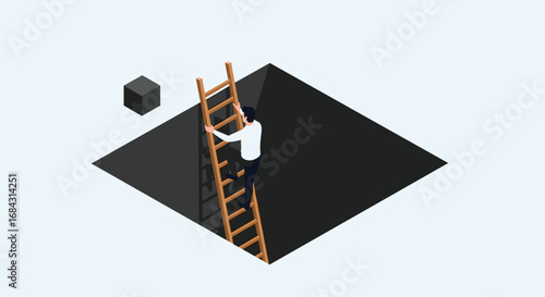 Determined businessman climbs ladder out of dark pit towards success and opportunities