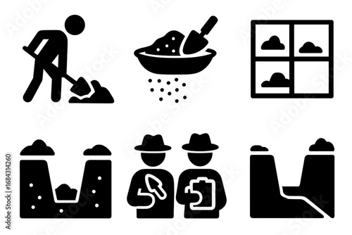 Archaeology and excavation solid glyph icon set. Vector symbols of digging, sifting soil, site grid, trench, and research team. Paleontology, history, discovery concept.