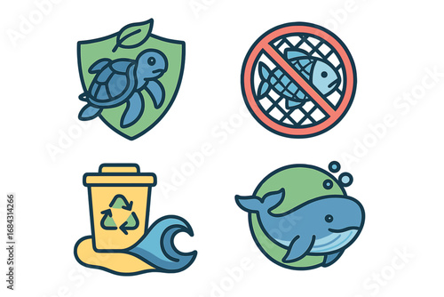 Marine life conservation icon set for environmental protection. Ocean care symbols with turtle, whale, no fishing sign, and beach recycle bin. Ecology and sustainability vector graphics.