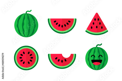 Watermelon vector icon set, round slices and wedges, seedless variations, smiling fruit faces, picnic summer snack graphics
