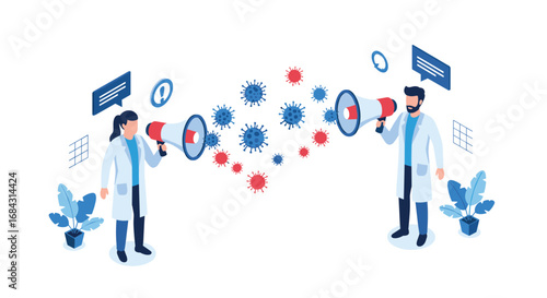 Doctors announce COVID-19 updates using megaphones, spreading awareness about viral spread and health information.