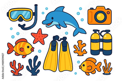 Scuba diving equipment set. Snorkeling underwater adventure icons. Marine life collection with dolphin, fish, starfish, coral. Ocean dive vector cartoon icons. Fins, mask.