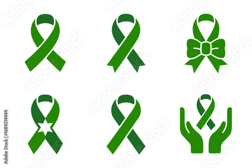 Green ribbon campaign vector illustrations, looped support emblems, heart and hands variations, eco awareness icons, environmental charity symbols