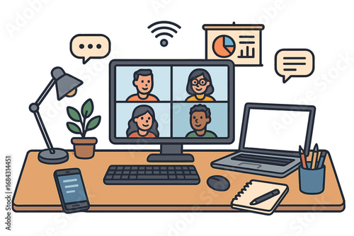 Remote work concept with video conference call on computer screen. Modern home office workspace with desk, laptop, and phone. Online meeting and virtual team collaboration.