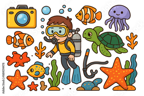 Scuba diving vector set. Cute cartoon diver character, sea animals, fish, turtle, clownfish, jellyfish. Underwater ocean exploration, marine life and equipment icons.