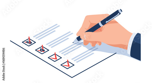 Professional hand completing checklist with red checkmarks, symbolizing progress and accomplishment in business tasks