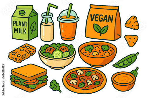 Vector cartoon set of vegan food icons. Plant-based meals, healthy snacks, and drinks. Vegetarian diet concept illustration with pizza, salad, smoothie, and plant milk.