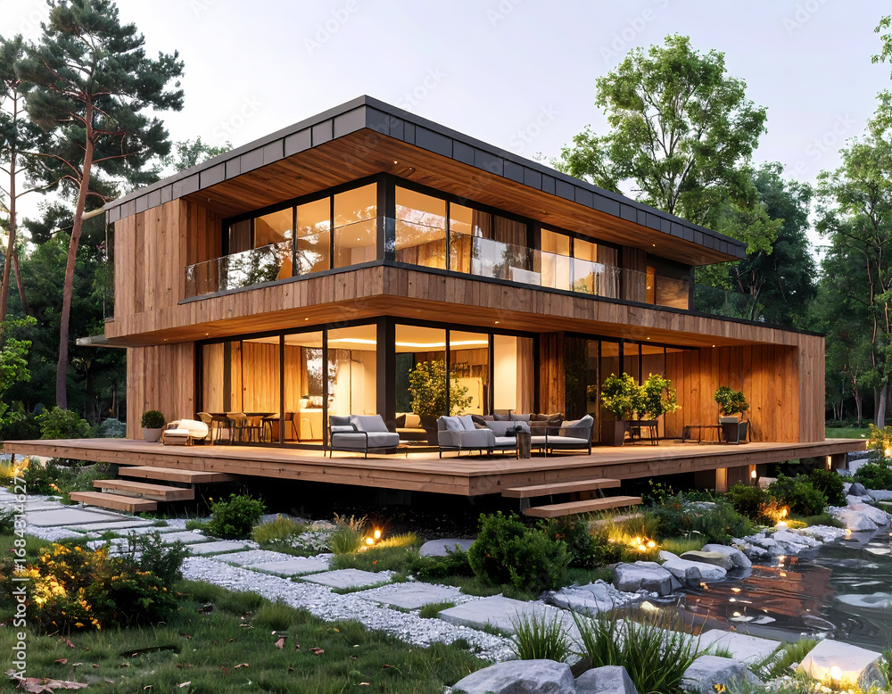 Obraz premium Modern house design wood exterior architecture with landscape design