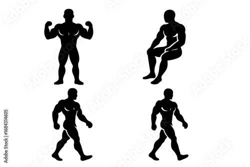 Bodybuilder silhouette icon set. Muscular man poses: standing flex, sitting, walking. Figure aesthetics for fitness, gym, anatomy. Vector pack of male athlete character models.